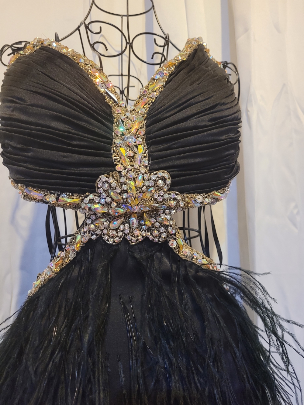 Mac Duggal Black Feathered Prom Dress with Crystal Embellishment